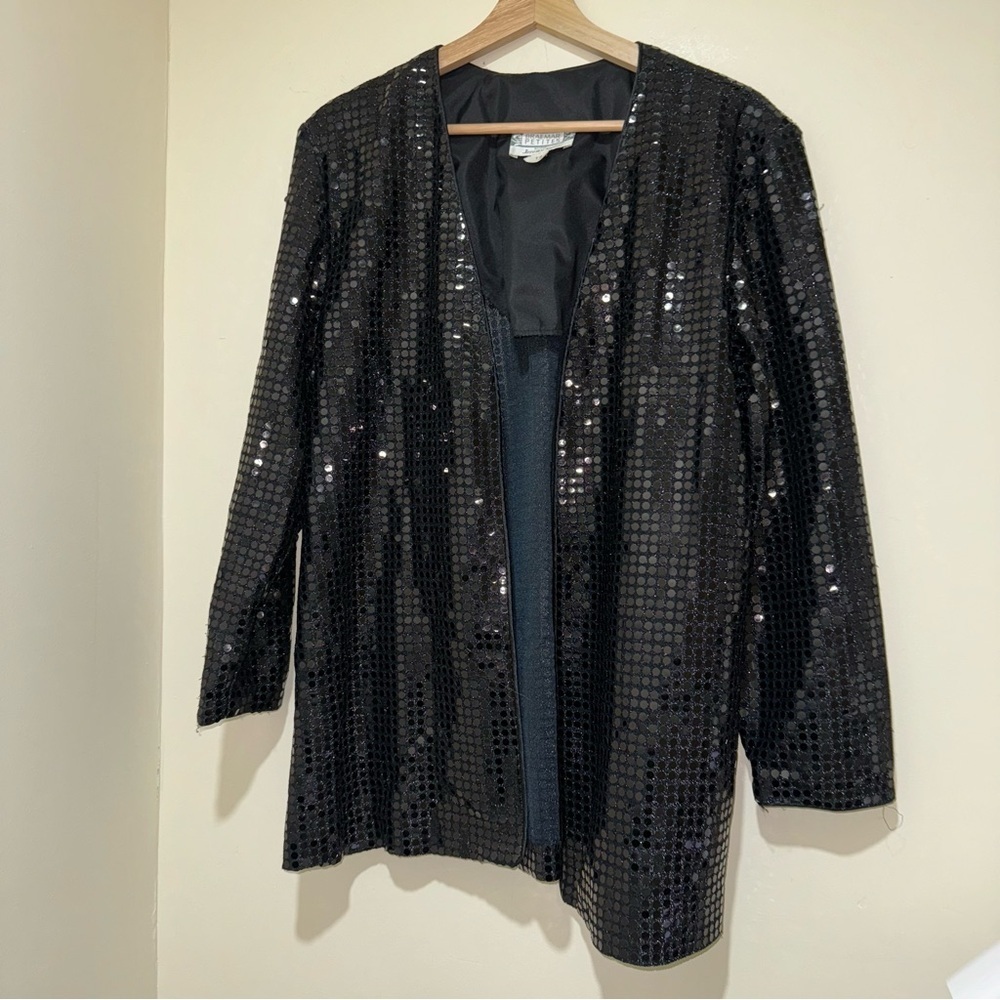 Women’s Vintage Black 80’s Sequins NYE Party Open Face Blazer Cardigan Size: 14